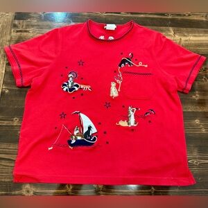 Vintage BonWorth Red Women’s Tee with Nautical Cat Theme‎